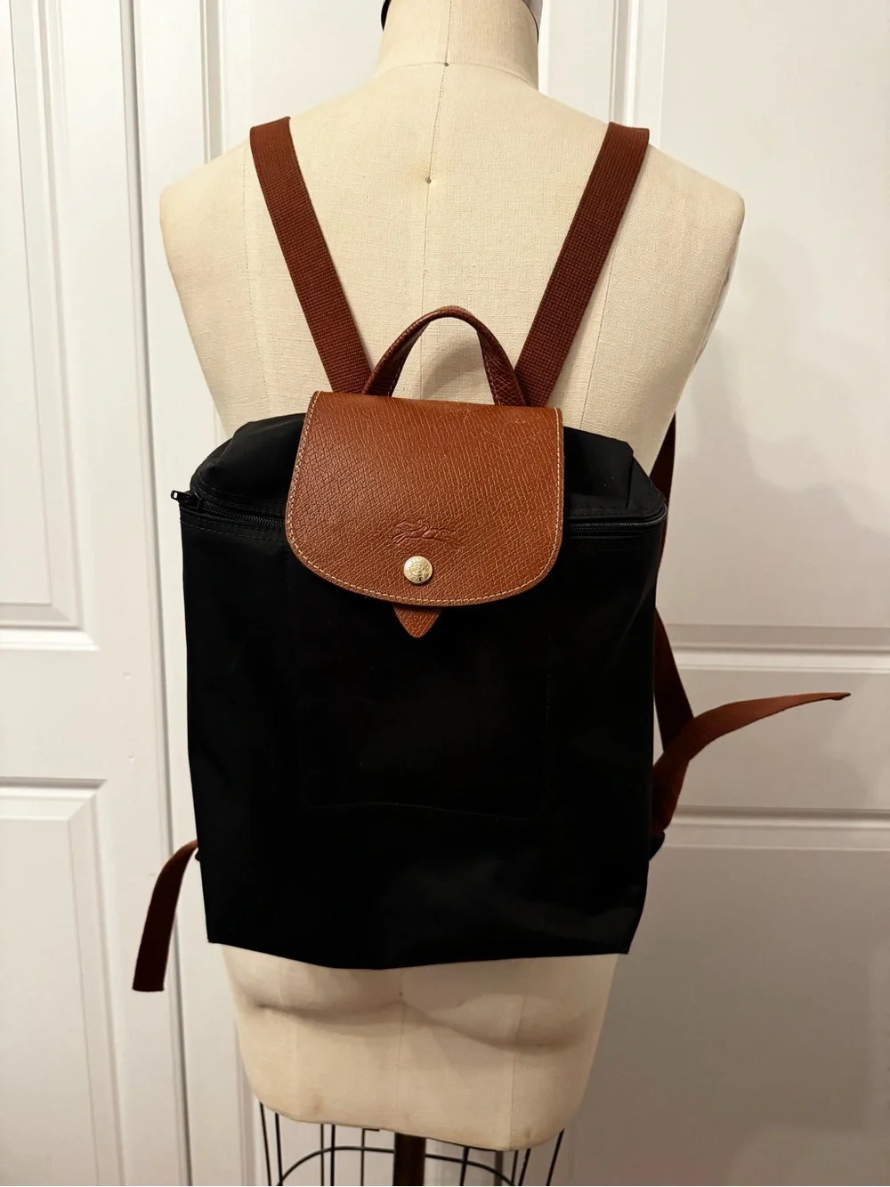 Longchamp Black Backpack with Brown Leather Flap
